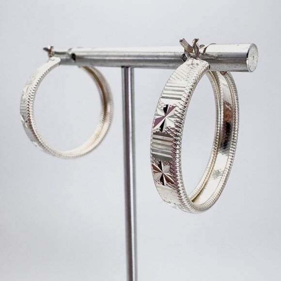 VTG Sterling Silver 925 Textured Hoop Earrings Hinged Posts Size 1.25" Length - Picture 4 of 8